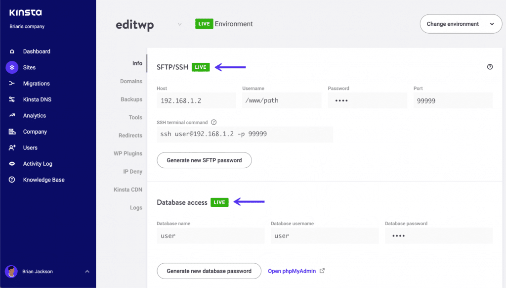 MyKinsta SFTP / SSH og database