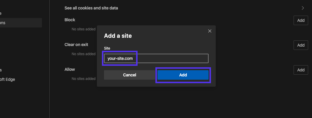 Skriv dit websted, og klik på knappen Tilføj