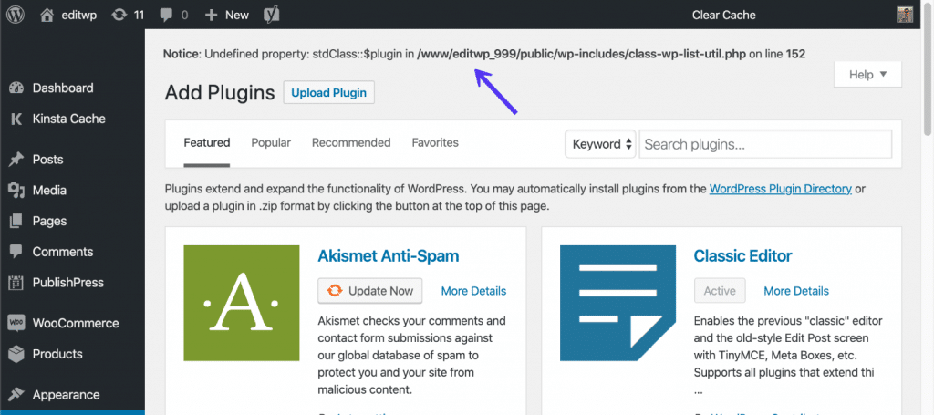 WP_DEBUG eksempel på fejl på WordPress-websted