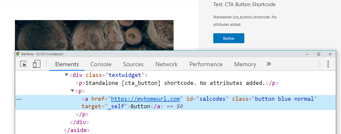 HTML-output fra CTA-knappen uden attributter.