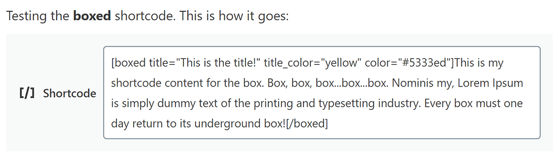 Tilføj den boksede shortcode sammen med en titel, titel_farve og farveattributter.