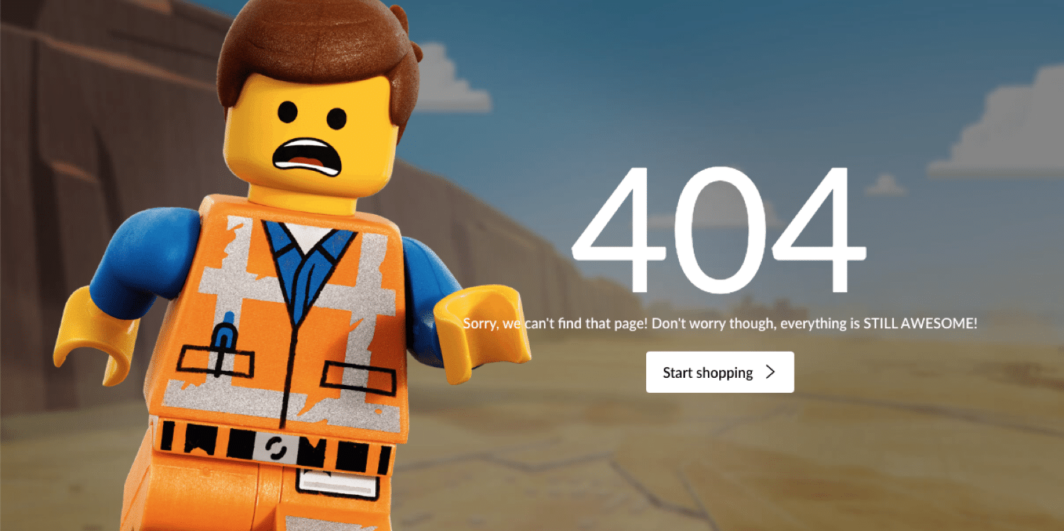 Et eksempel på en 404 side på Lego-webstedet