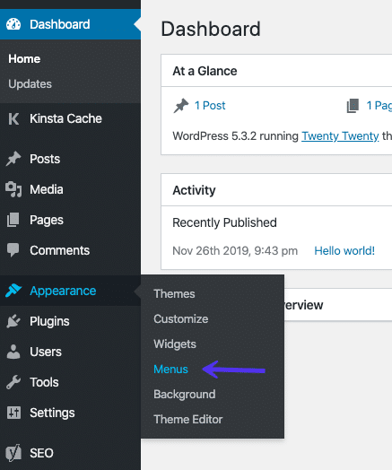 Åbning af menueditoren i WordPress dashboardet