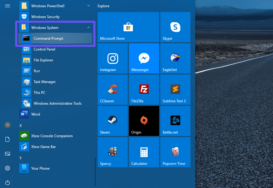 Åbning af command prompt fra Windows Start-menuen