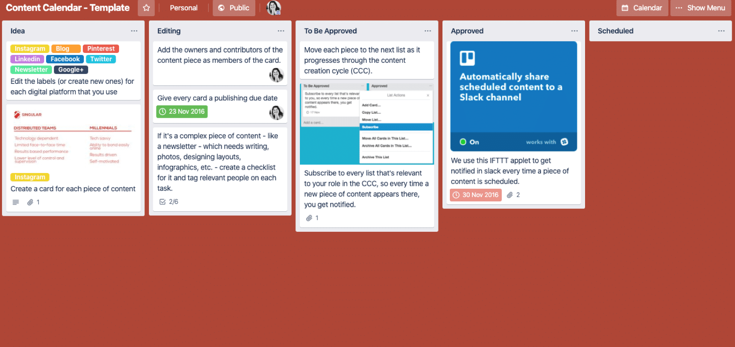 Eksempel på en editorial calendar Trello board