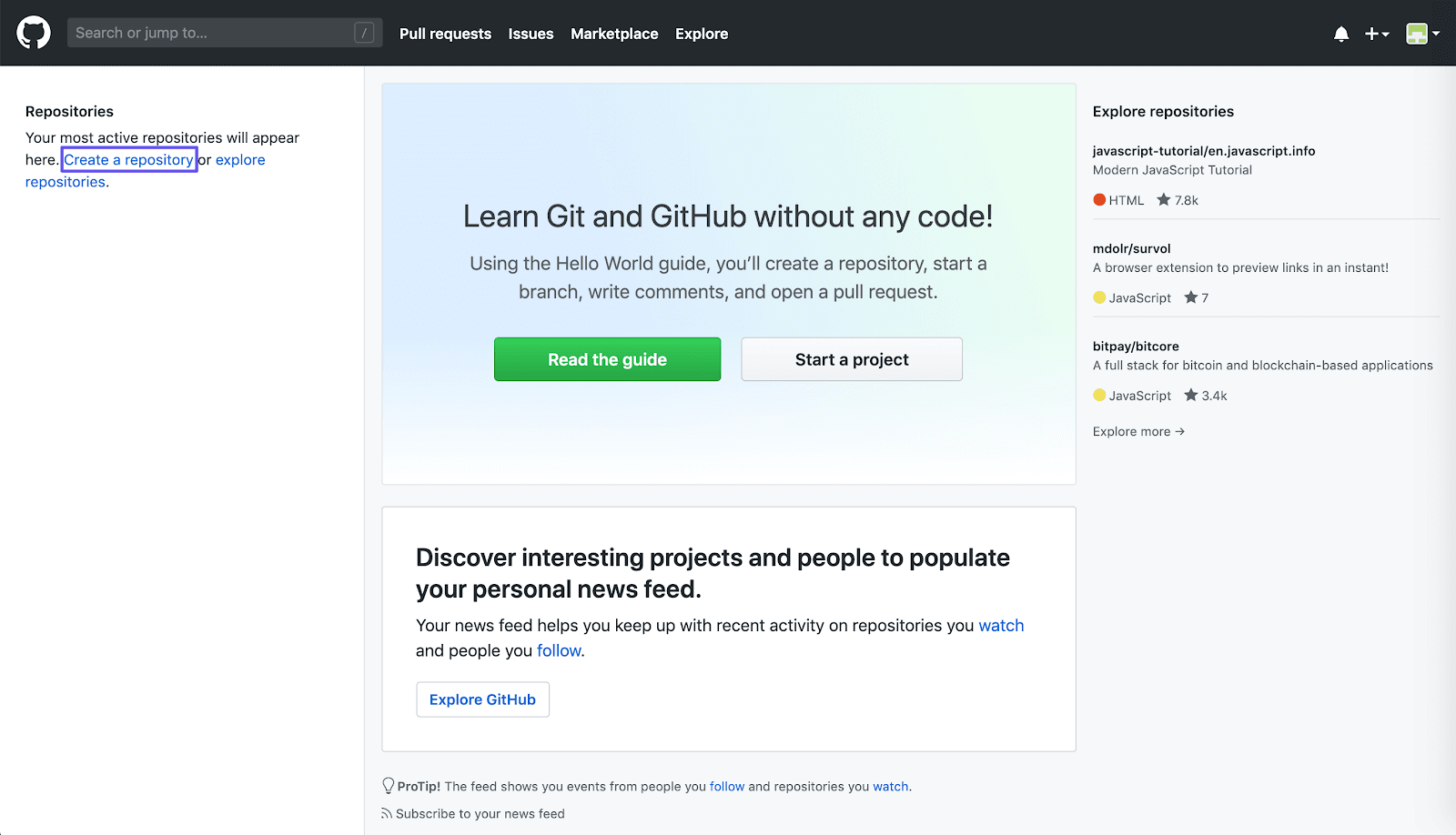 Linket "Opret et lager" i GitHub