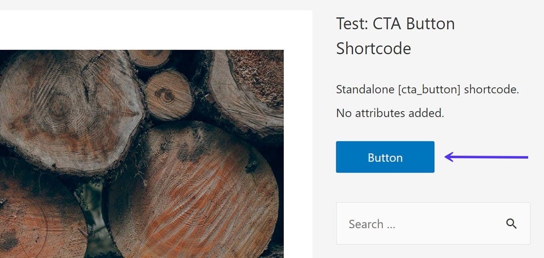 Output af CTA-knap shortcode, der viser, at den fungerer perfekt som forventet