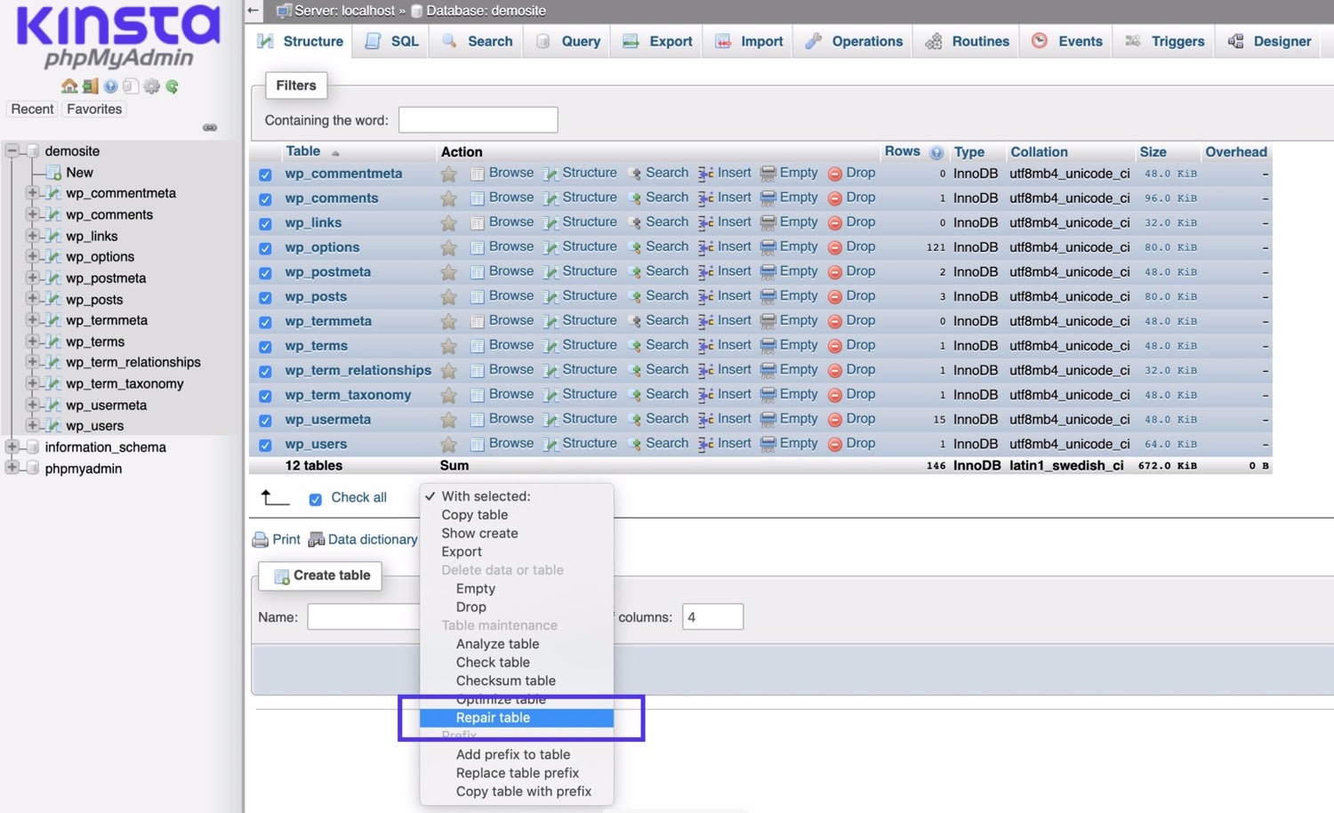 Reparation af databasen i phpMyAdmin