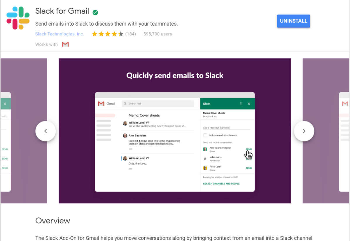 Slack til Gmail add-on