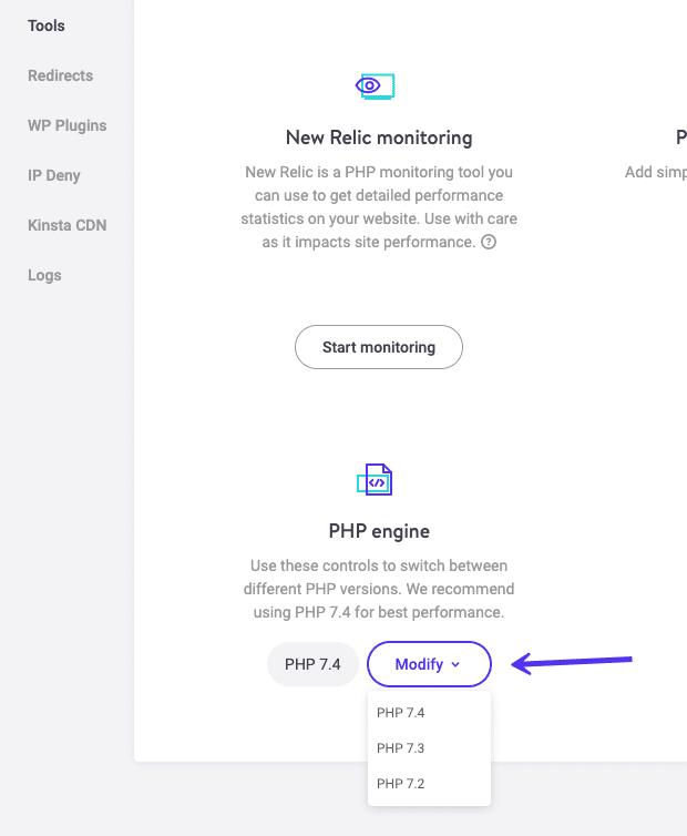 Ændring af din PHP-version i MyKinsta-dashboardet