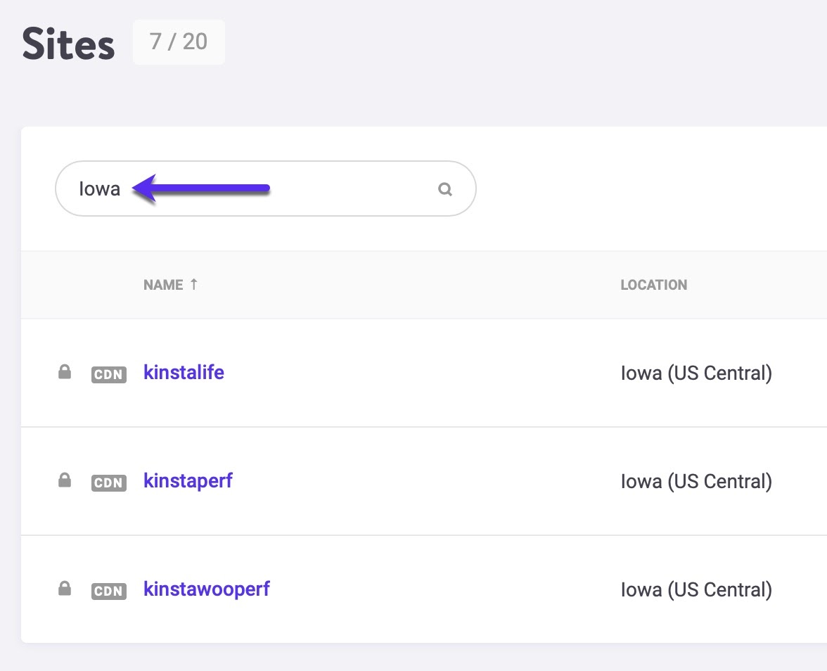 Filtrer websteder efter placering i MyKinsta-dashboardet.