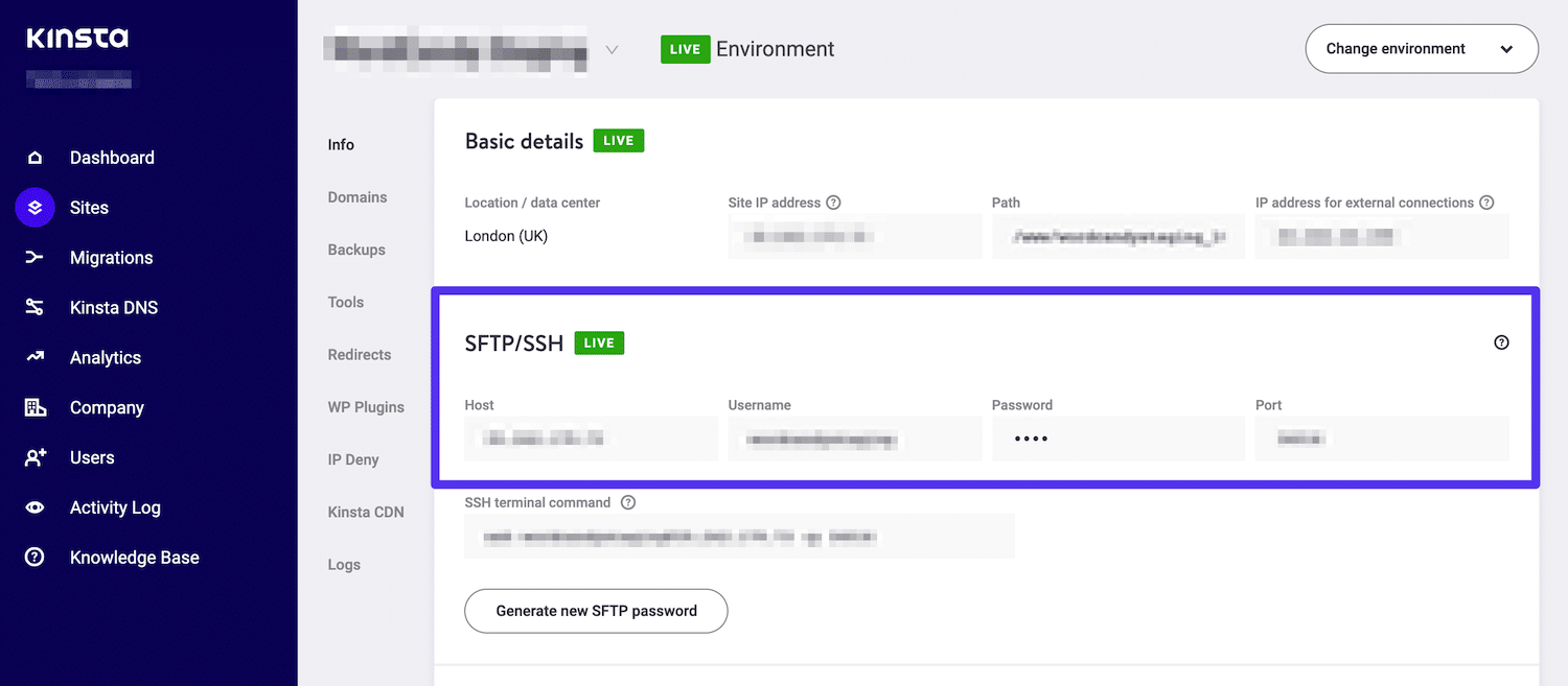 FTP-legitimationsoplysninger i MyKinsta-dashboardet