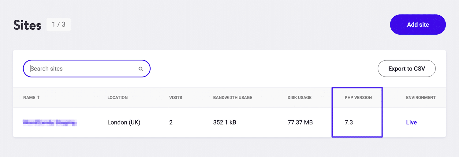 Visning af din nuværende PHP-version i MyKinsta-dashboardet