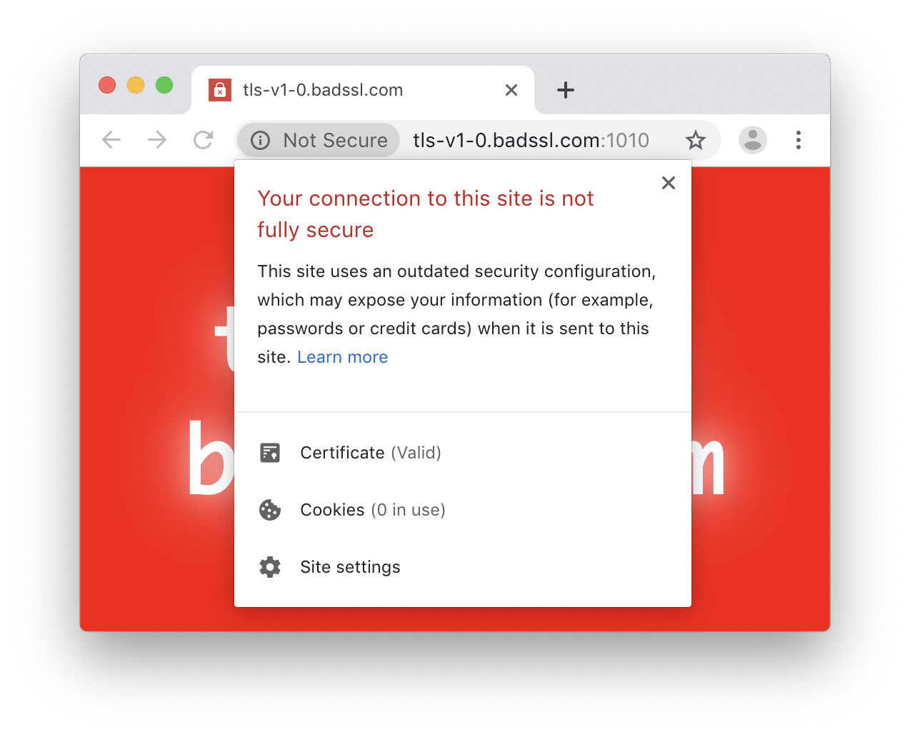 En ny sikkerhedsindikator vises for brugere, der besøger et websted ved hjælp af TLS 1.0 eller 1.1