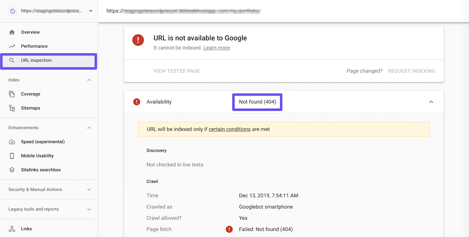 En 404 error i Google Search Consoles værktøj til URL-inspektion