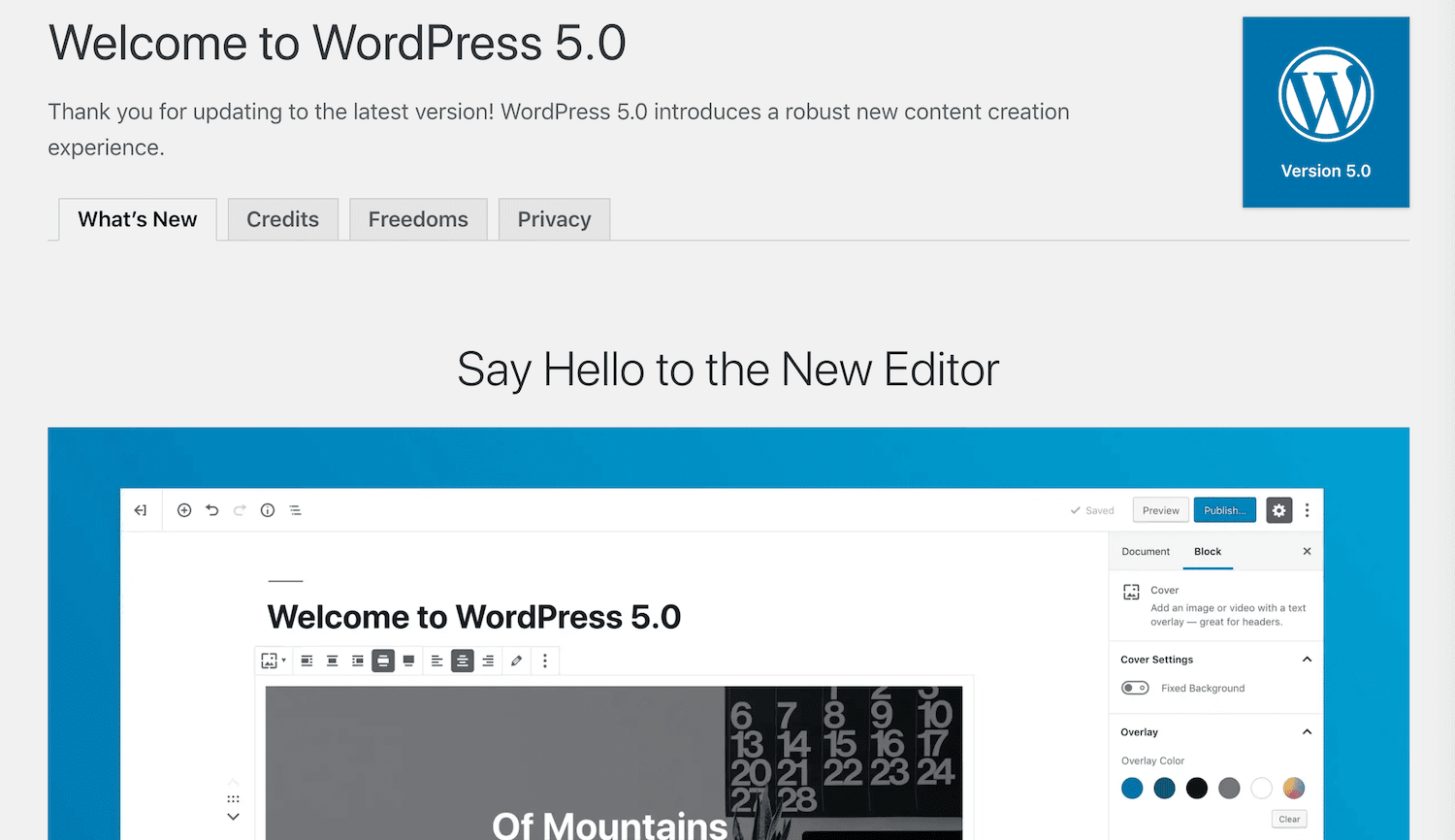 WordPress 5.0-velkomst meddelelsen