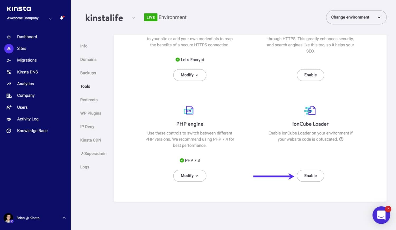 Aktivér ionCube Loader i MyKinsta.