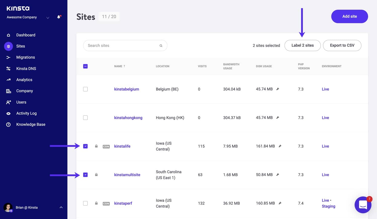 Føj etiketter til dine WordPress-websteder i MyKinsta