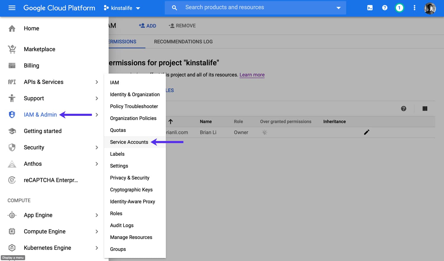 Opret en GCP-servicekonto.