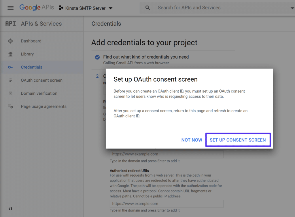 The prompt to create an OAuth consent screen