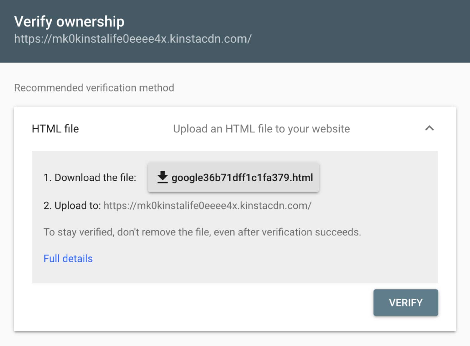 Download HTML-verificeringsfilen til Google Search Console.