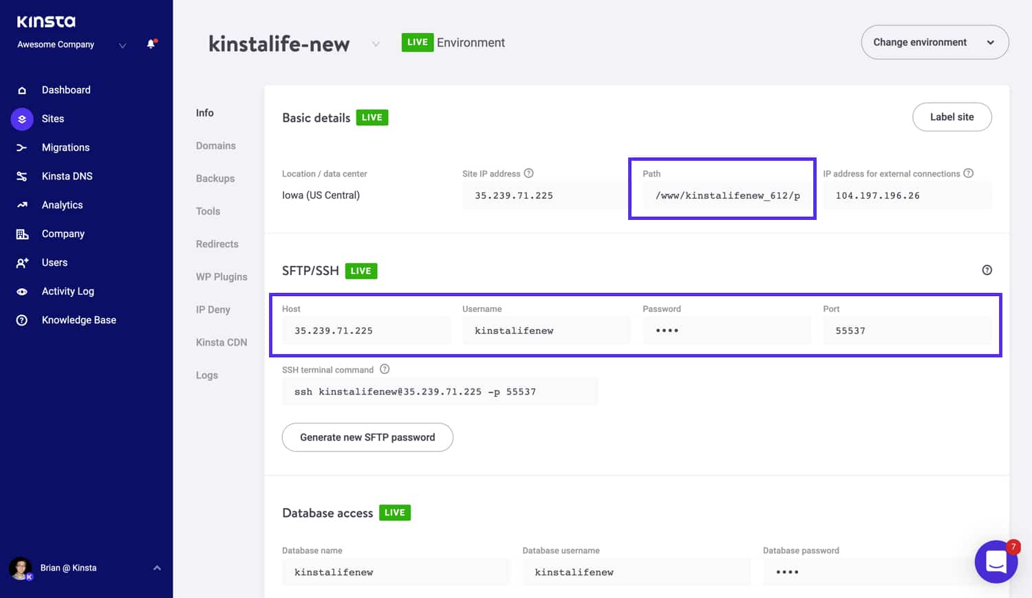 Find dine SFTP-detaljer i MyKinsta.