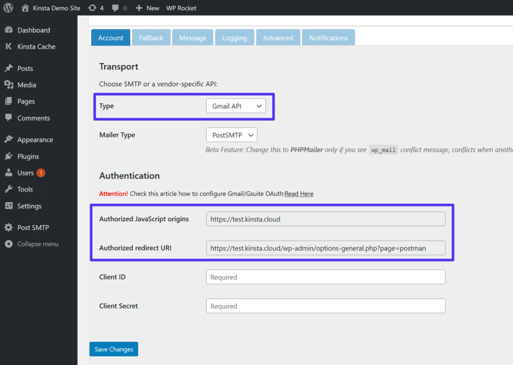 Free smtp server: Choose the Gmail API option