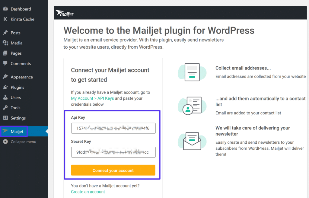 Tilføj Mailjet API-nøgler til plugin-indstillingerne