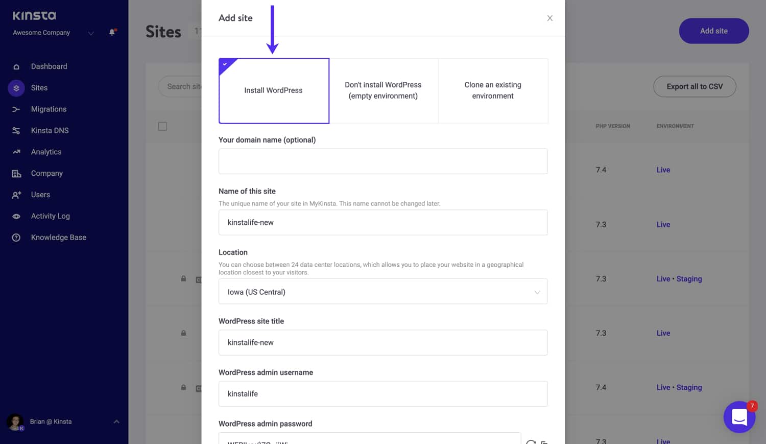 Opret et websted i MyKinsta og installer WordPress