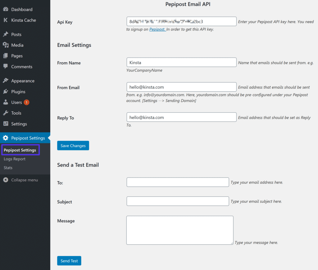 Føj API til Pepipost-plugin-indstillinger