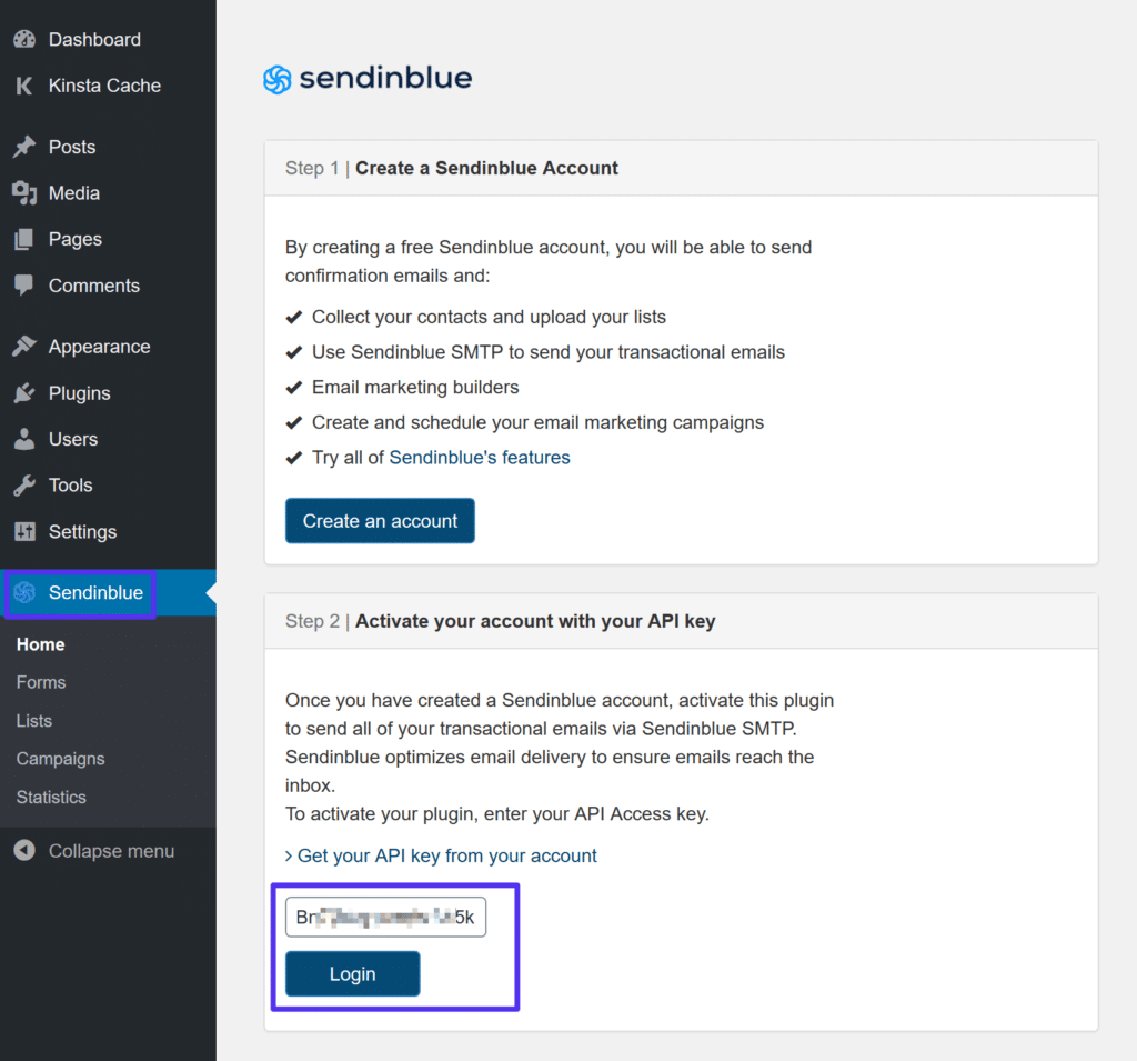 Tilføj API-nøgle til Sendinblue-plugin-indstillinger