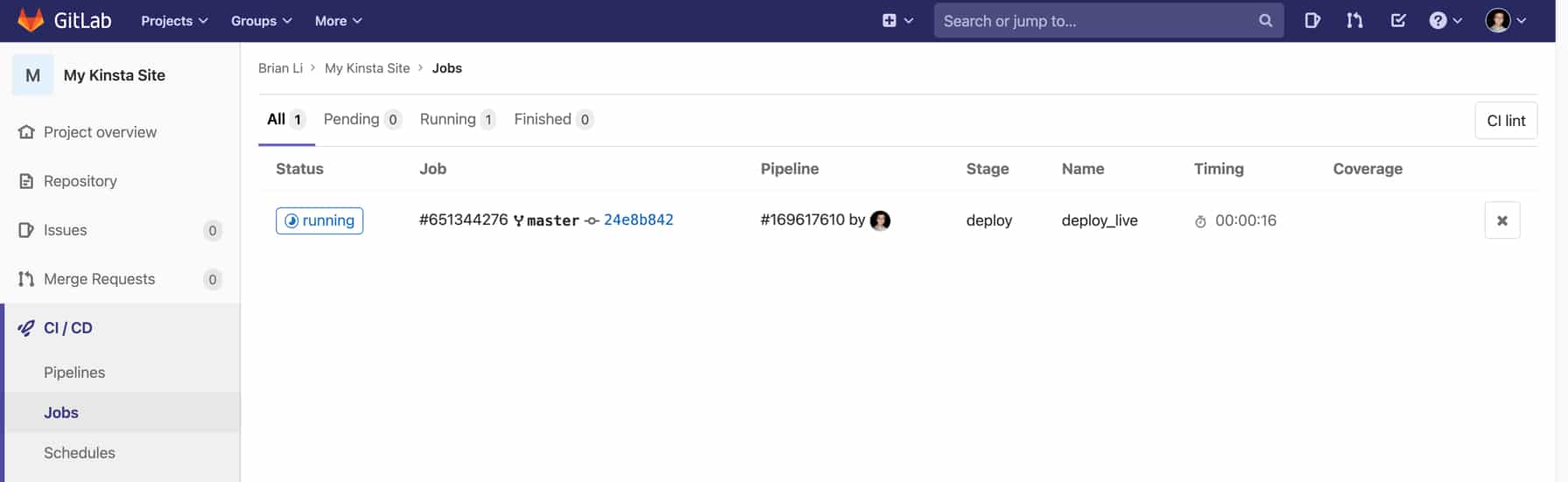 Aktivt job i GitLab.