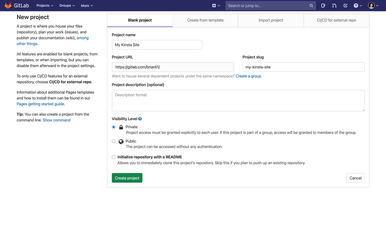 Opret et tomt projekt i GitLab.