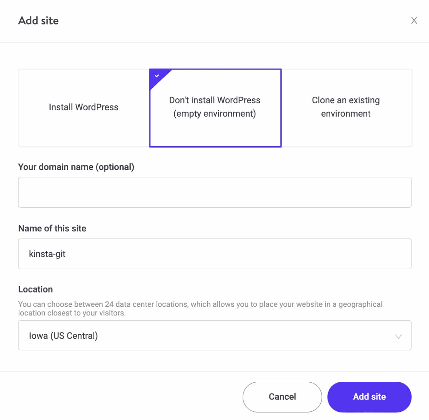 Opret et tomt site i MyKinsta.