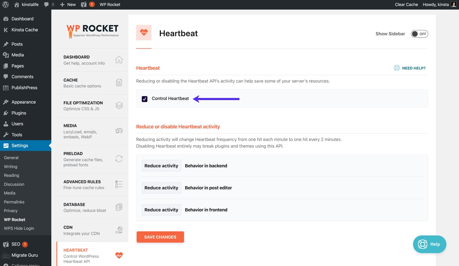 Skift WordPress-Heartbeat indstillinger i WP Rocket.