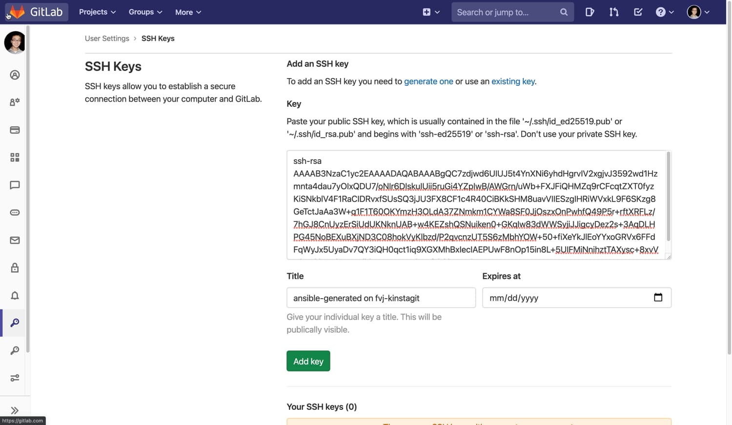 Tilføj din SSH-nøgle i GitLab.