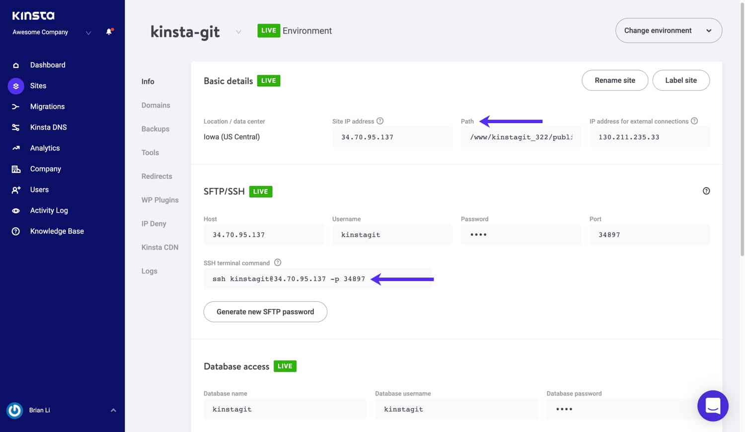 Offentlig sti og SSH-detaljer i MyKinsta.