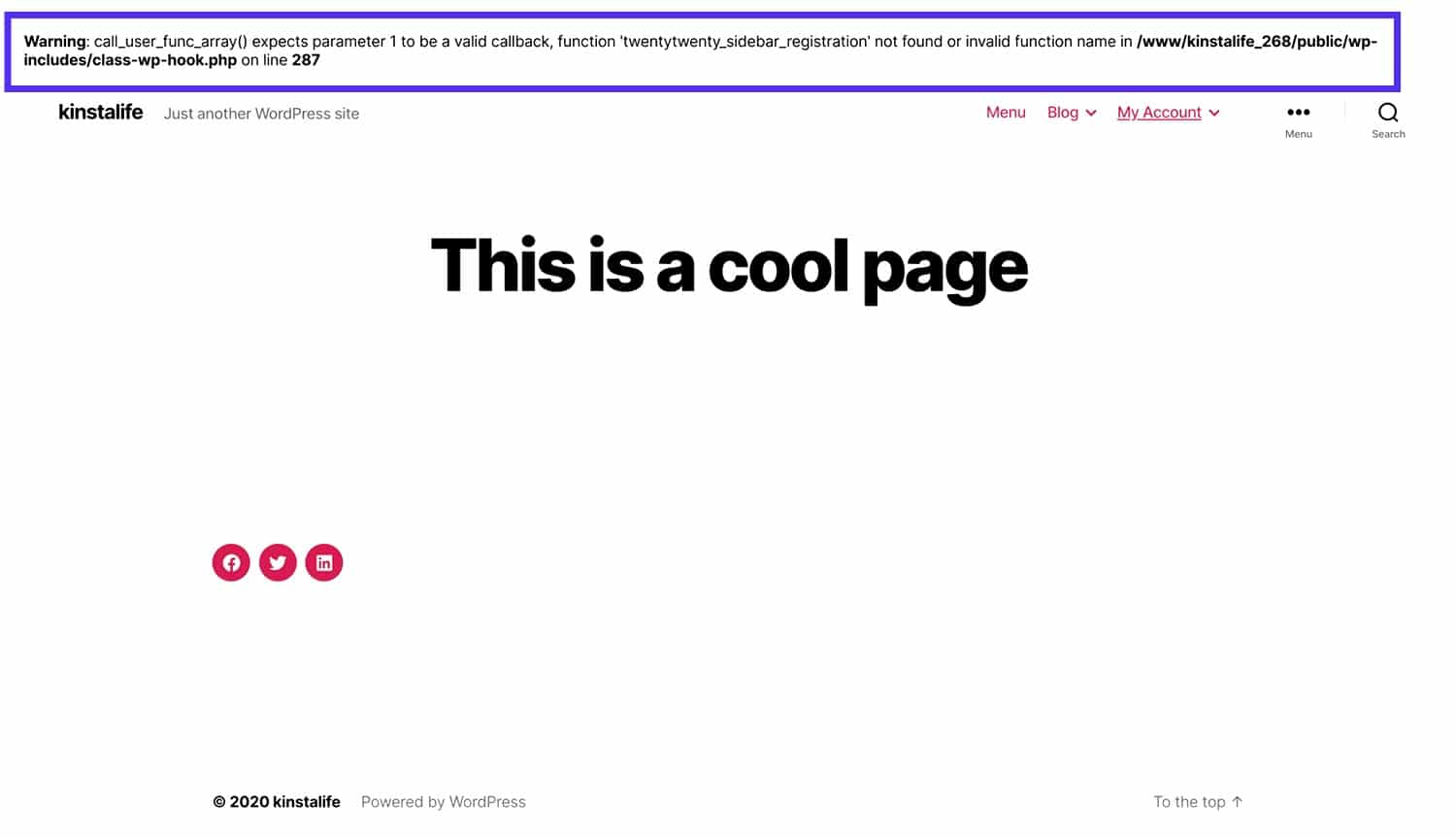 En PHP-fejl med WordPress-fejlfindingstilstand aktiveret.
