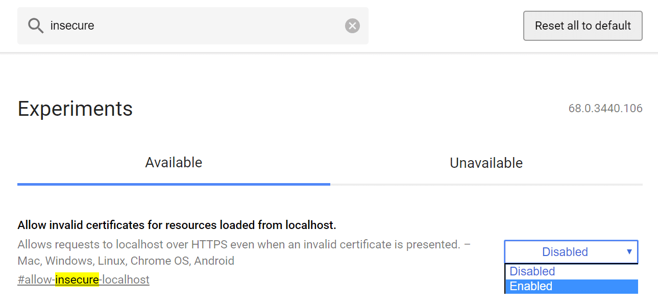 Tillad usikre forbindelser på localhost i Chrome