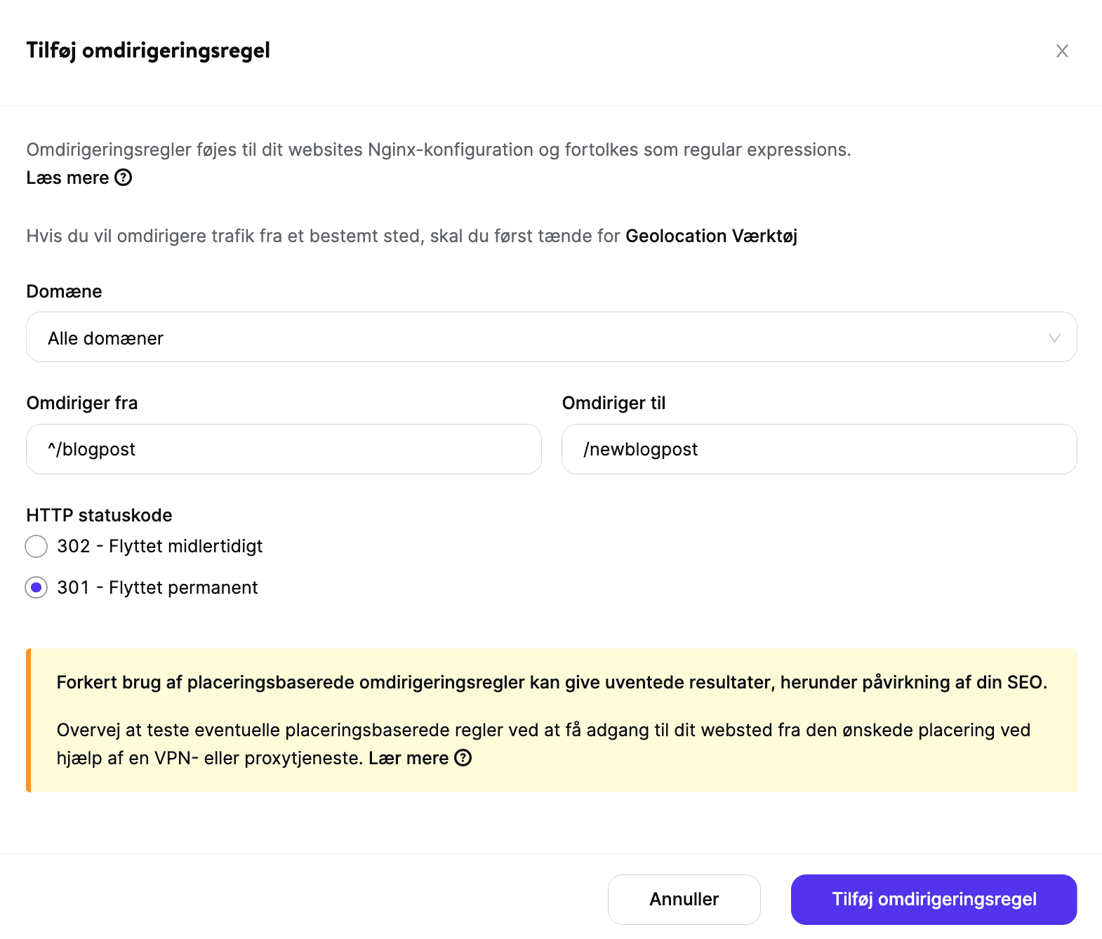 Tilføj 301 omdirigering i MyKinsta.
