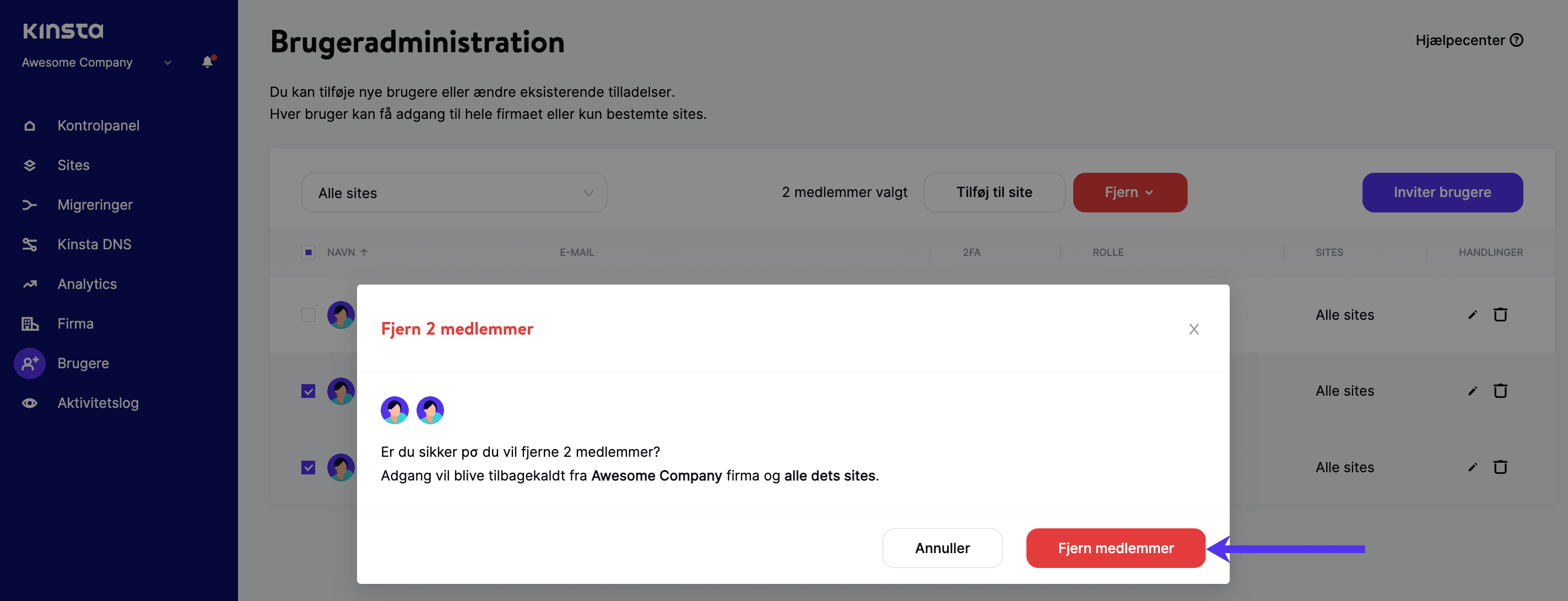 Bekræft fjernelse af flere brugere fra en virksomhed i MyKinsta.