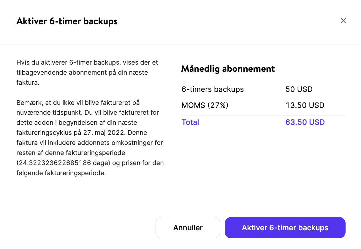 Aktivér 6-timers backups i MyKinsta.