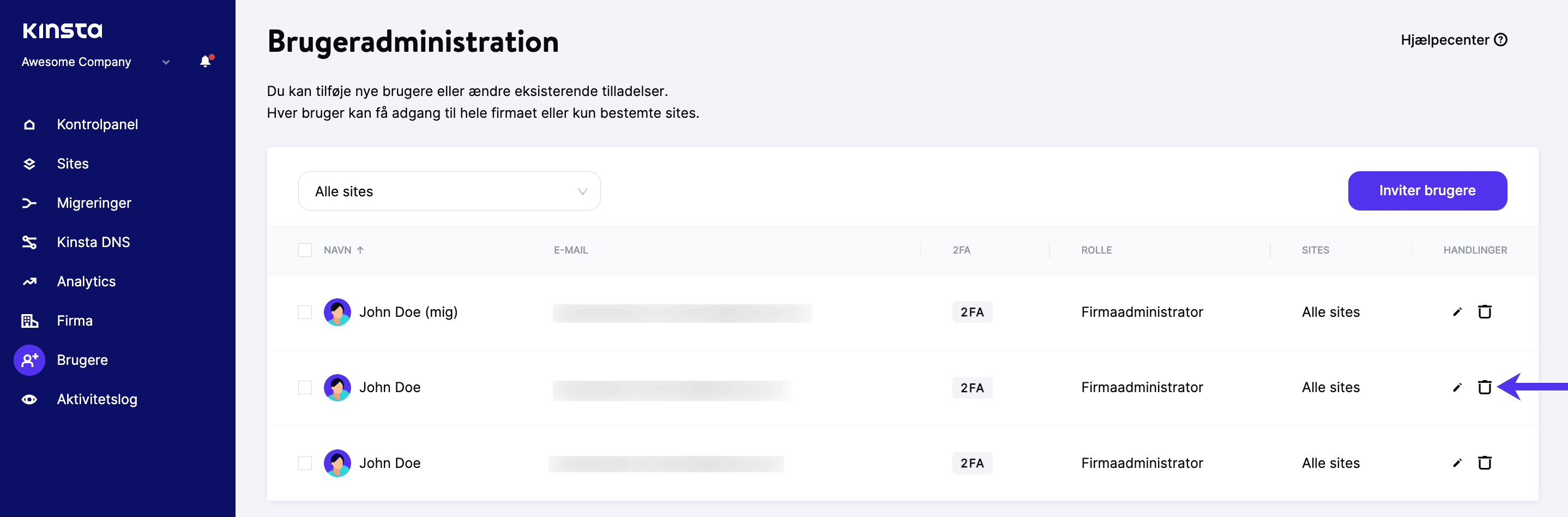 Fjern en bruger fra en virksomhed i MyKinsta.