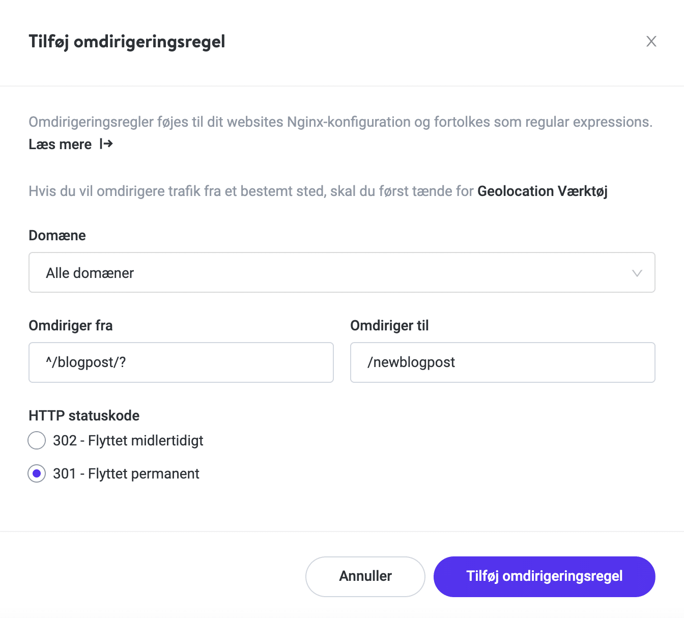 Tilføj en wildcard-omdirigering i MyKinsta.