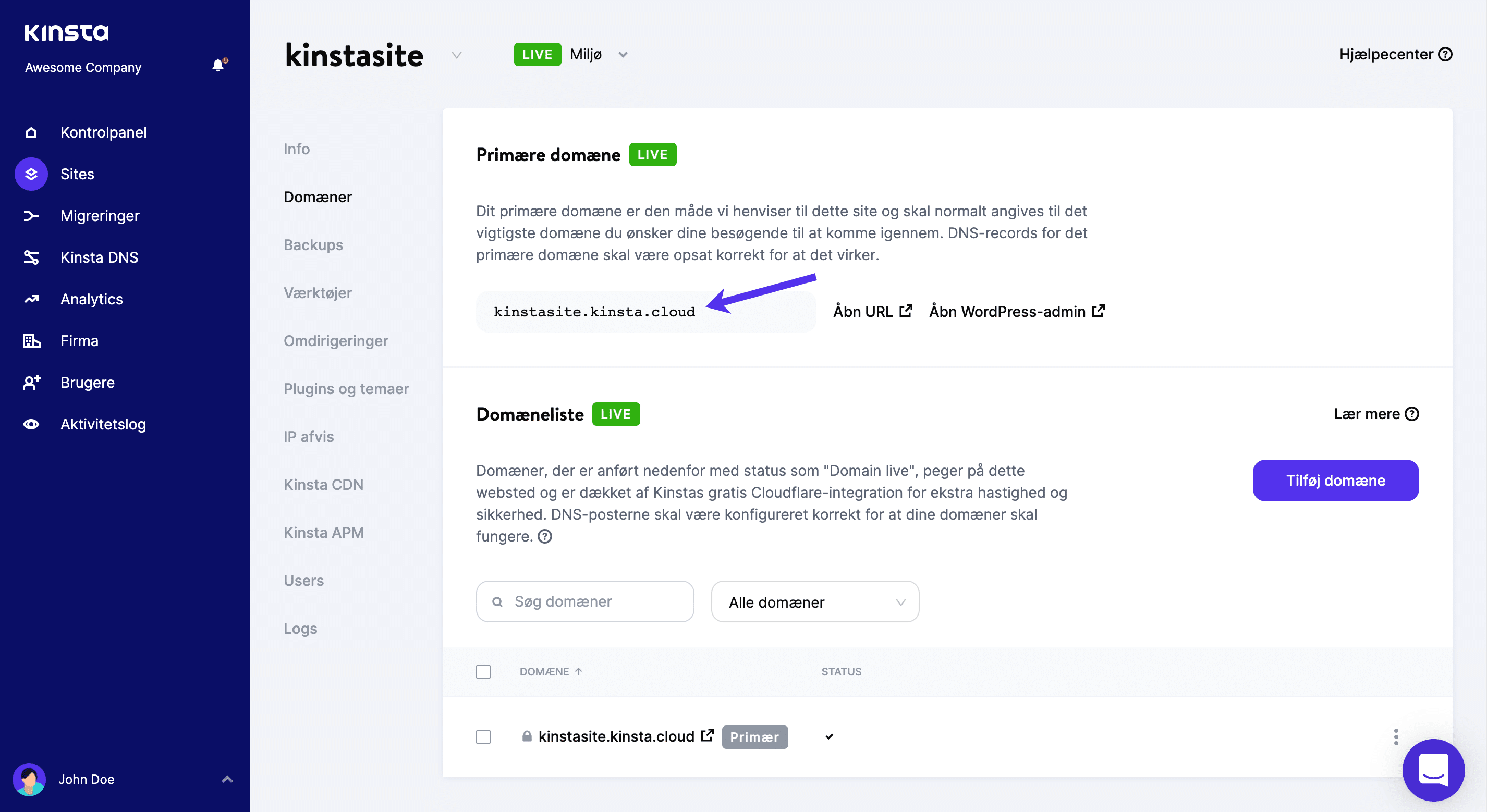Kinsta midlertidig URL