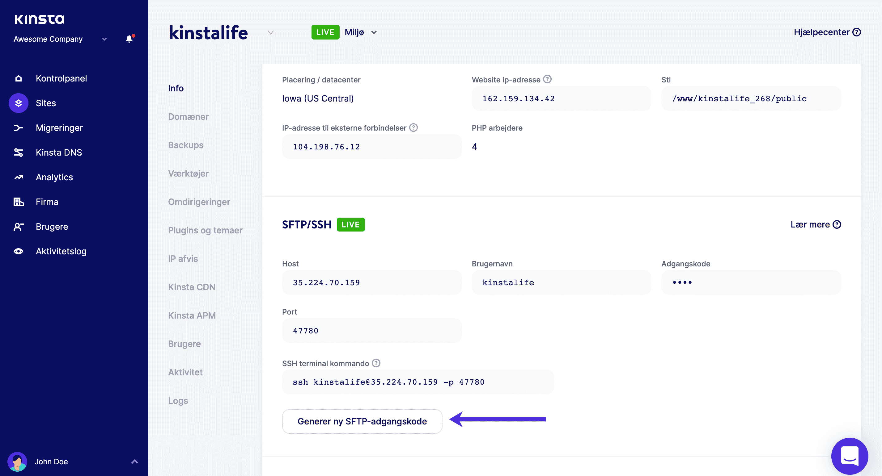 Skift SFTP-password i MyKinsta.