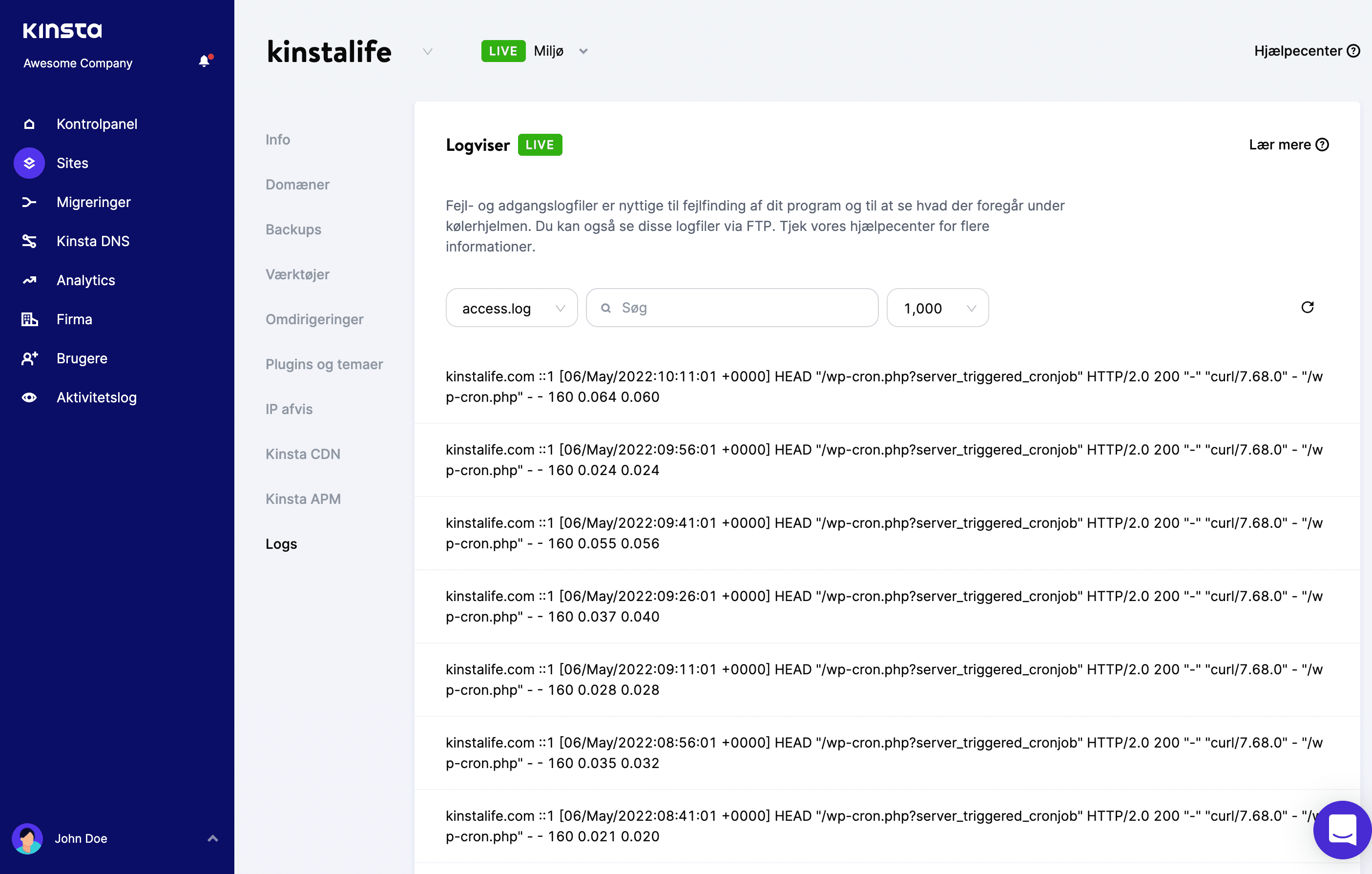 access.log fil i MyKinsta Logviser.