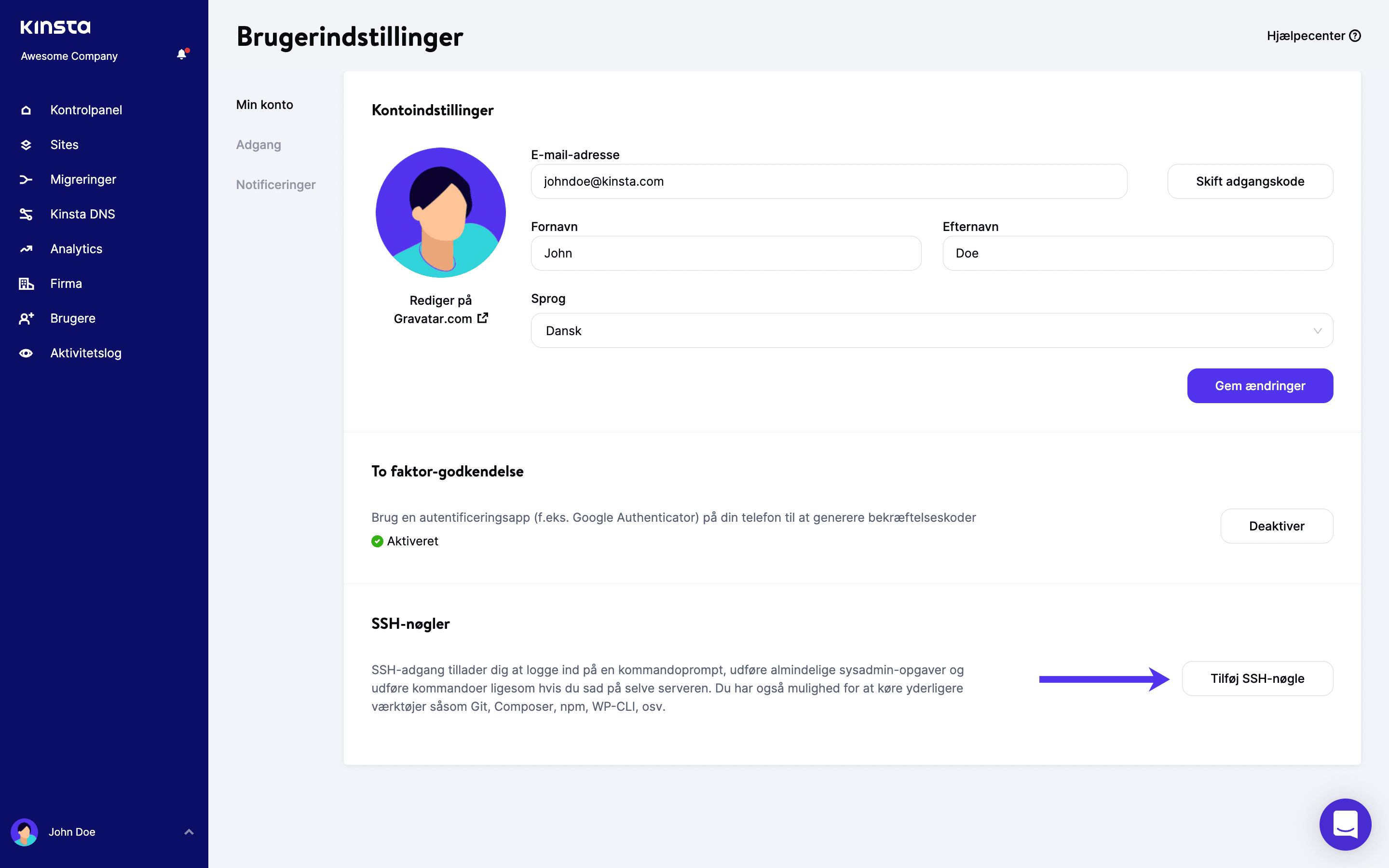 Tilføj SSH-nøgler i MyKinsta.