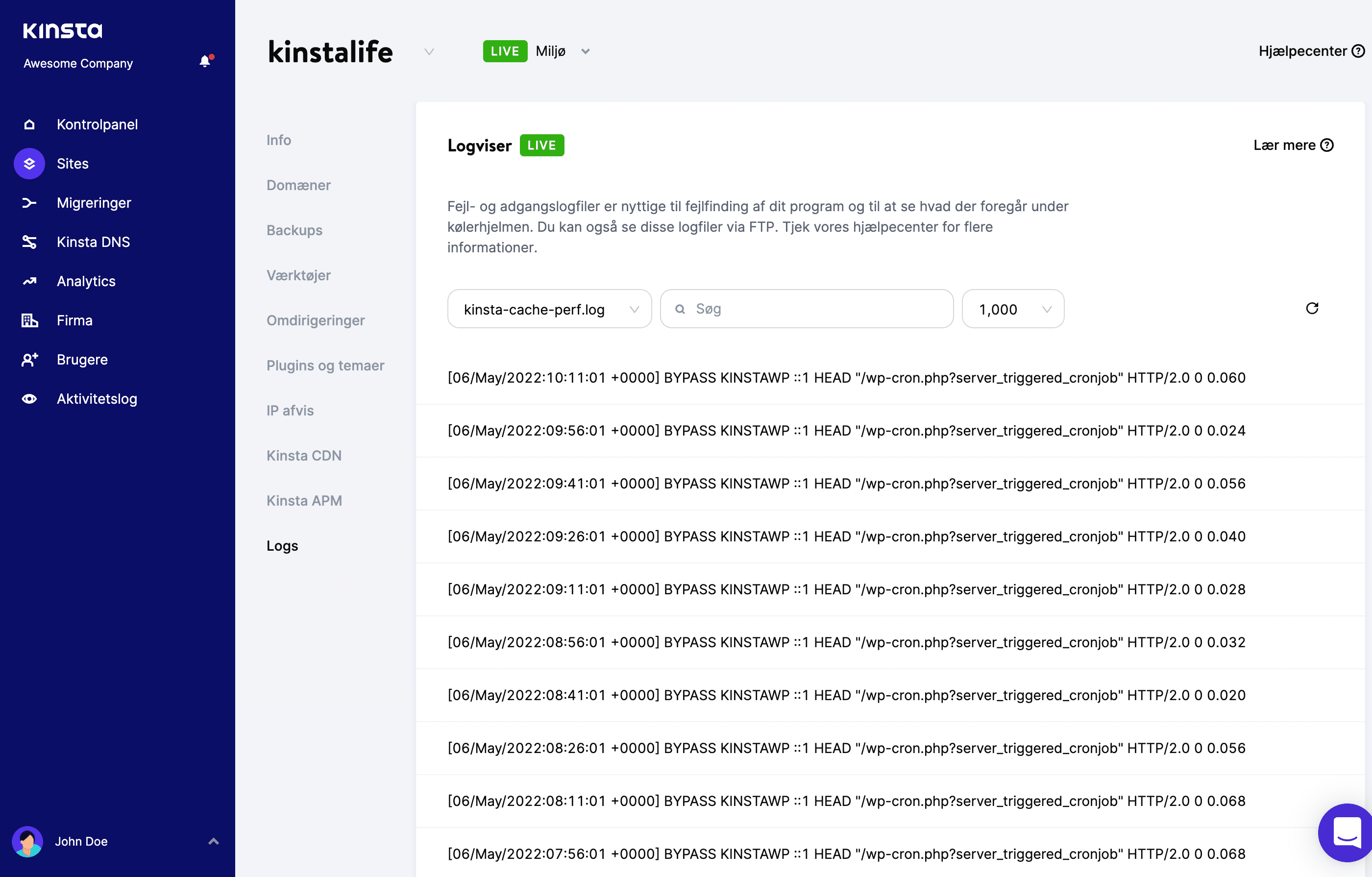 kinsta-cache-perf.log fil i MyKinsta Logviser.