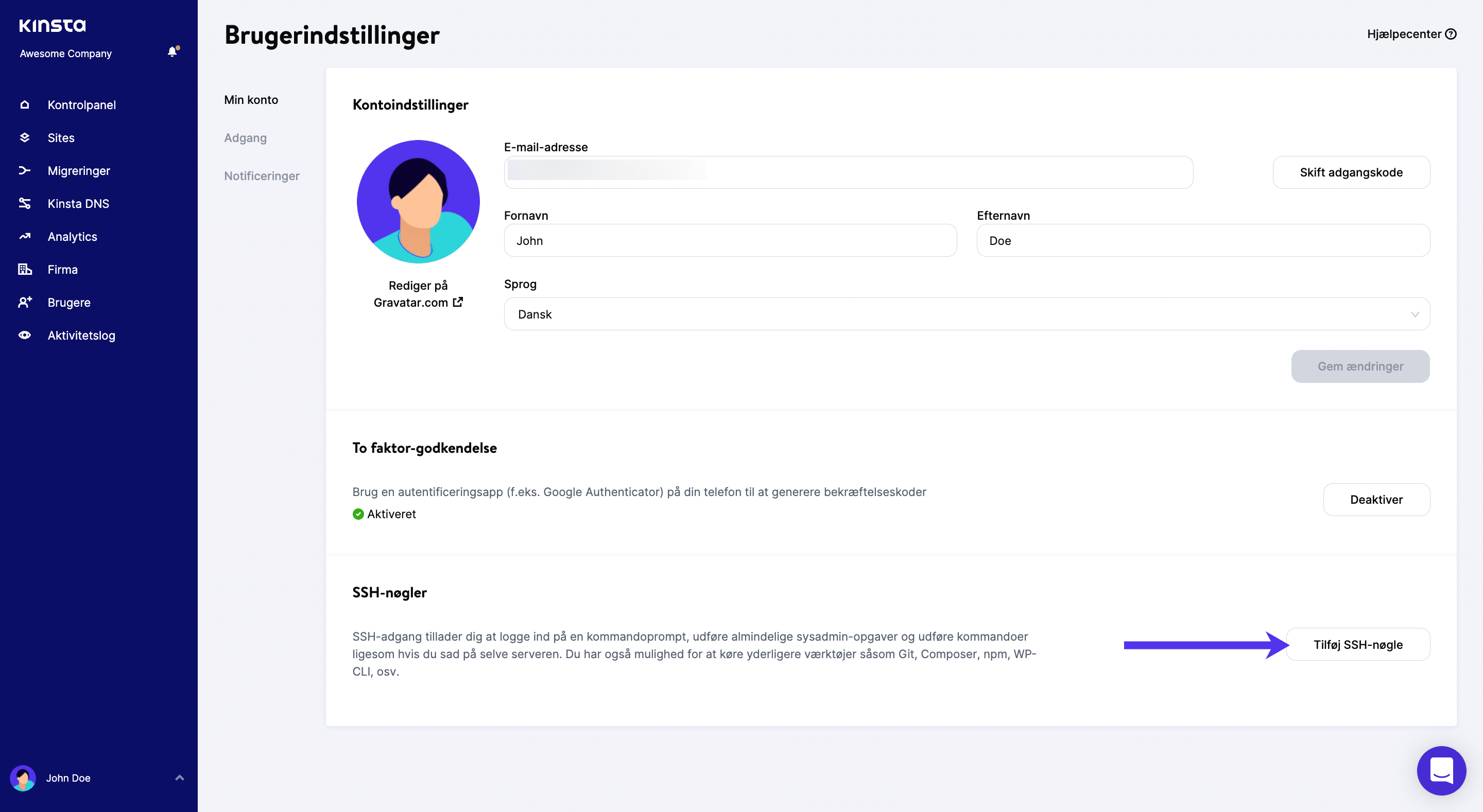 Tilføj SSH-nøgle i MyKinsta.